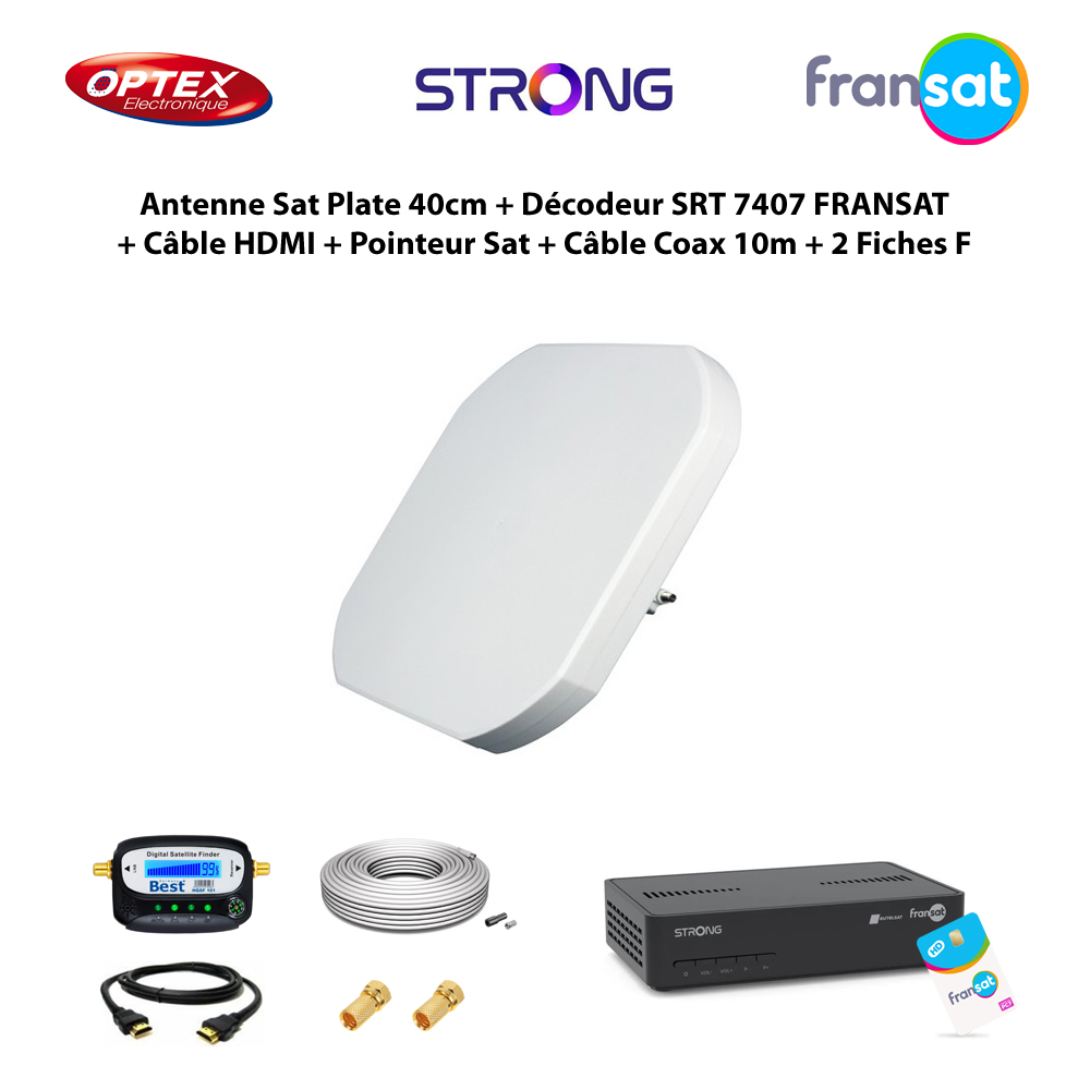 Kit Antenne Satellite Plate 40cm + Décodeur SRT 7407 HD FRANSAT + Câble HDMI + Pointeur Satellite + Câble Coaxial 10m + 2 Fiches F